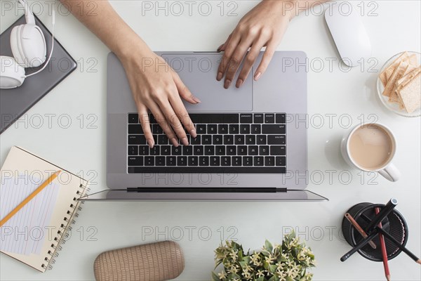 Top view desk top with laptop hands. Resolution and high quality beautiful photo