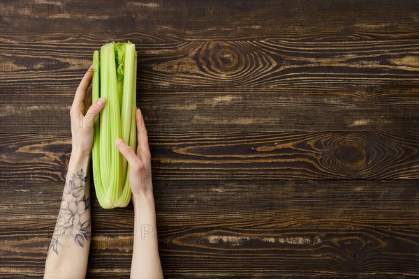 Overhead view of fresh celery in hand over wooden background