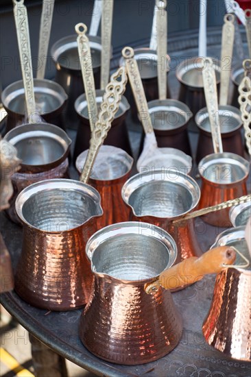 Turkish coffee pots made of metal in a traditional style