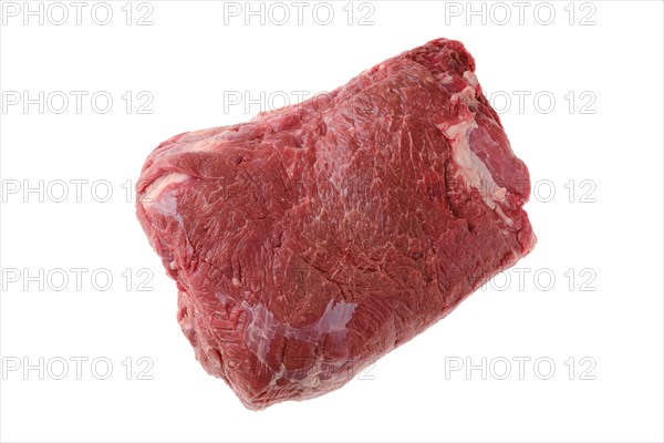 Overhead view of raw chuck eye roast isolated on white background