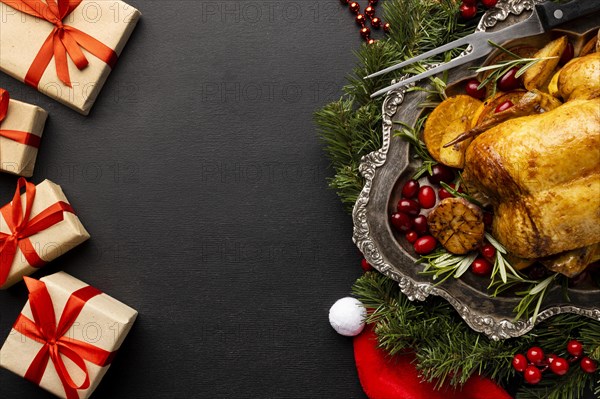 Flat lay delicious christmas food assortment with copy space