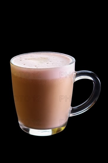Mug with strawberry cappuccino isolated on black background