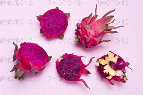 Top view assortment exotic fruits table. Resolution and high quality beautiful photo