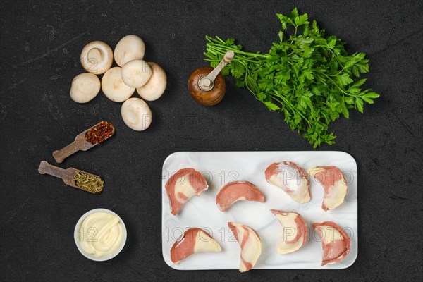 Top view of frozen semifinished dumplings stuffed with mushrooms