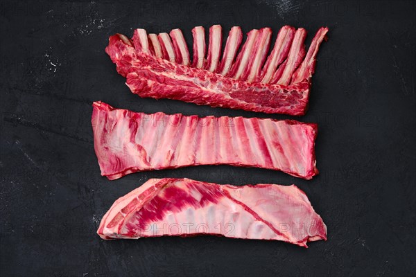 Assortment of fresh raw lamb cuts on dark background