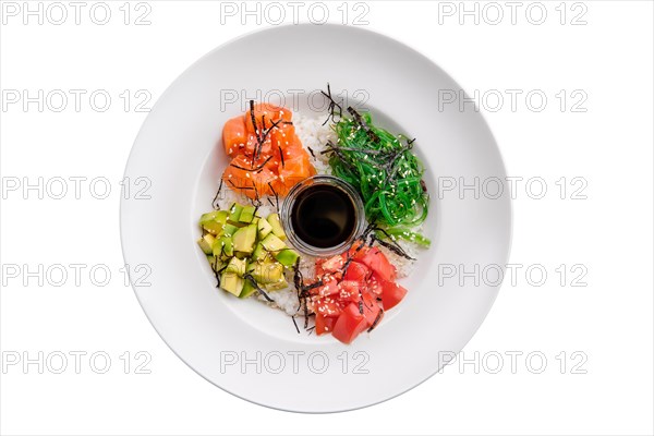 Salmon sashimi rice bowl with avocado