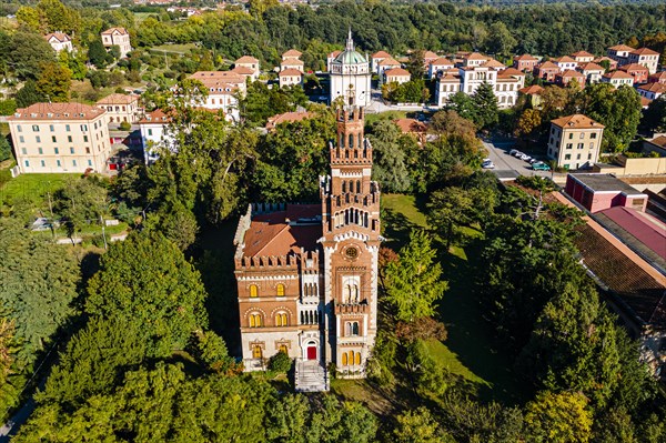 Aerial of the Unesco world heritage site "company town". Crespi dÂ´Adda