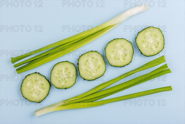 Top view spring onion with cucumber slices. Resolution and high quality beautiful photo