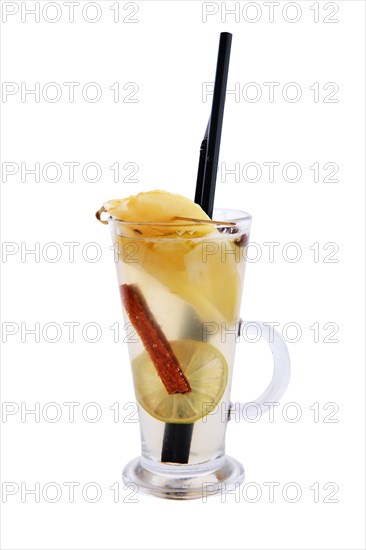 Hot pear with lime tea isolated on white