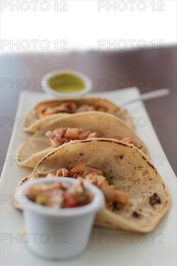 Close-up of Mexican chicken tacos served