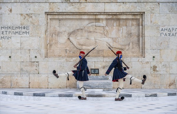 Detachment of the Presidential Guard Evzones in front of the Monument to the Unknown Soldier near the Greek Parliament