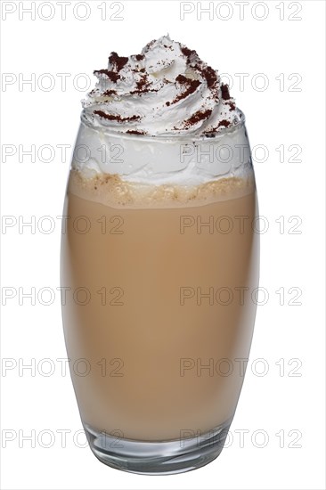 Big transparent glass of coffee cocktail with whipped cream
