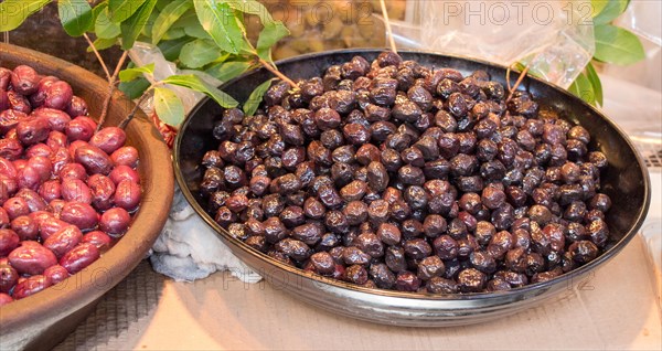 Turkish style prepared olives in the market stands