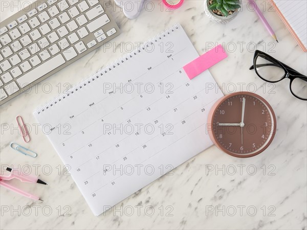 Flat lay desk calendar clock