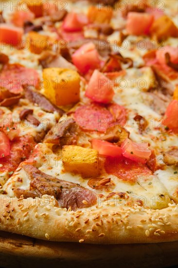 Macro photo of pizza with pumpkin