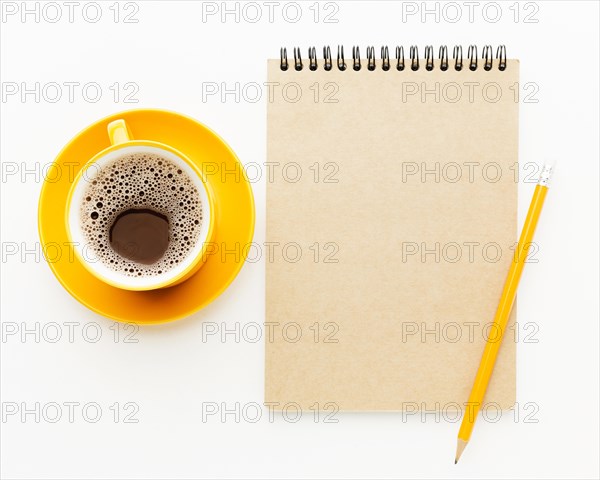 Top view frame with notebook coffee. Resolution and high quality beautiful photo