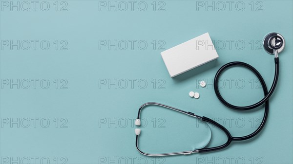 Top view pills container stethoscope. Resolution and high quality beautiful photo