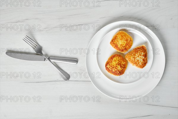 Top view of fried squid cutlet in breading on a plate