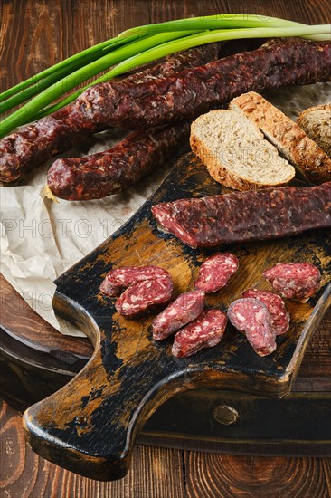 Closeup view of dried sausage made of venison and turkey spicy meat