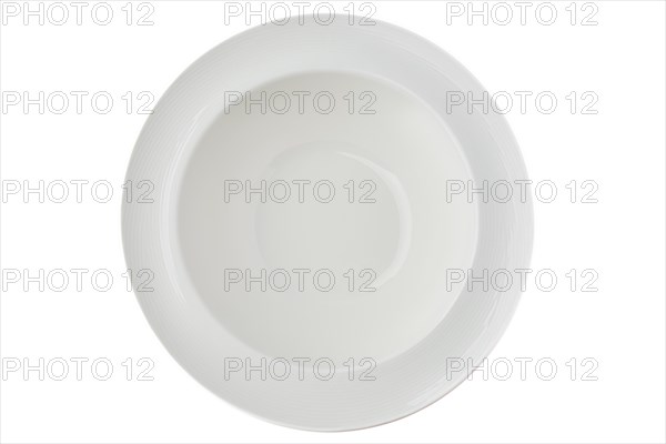 Top view of white ceramic plate isolated on white background