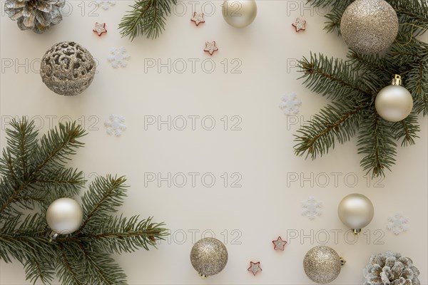 Top view natural pine needles and christmas globes. Resolution and high quality beautiful photo