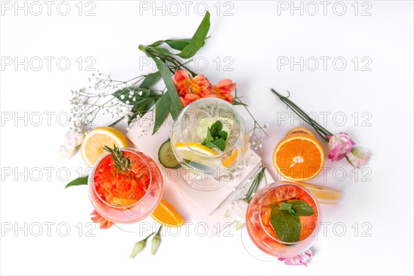 Still life photo of three wine and fruit cocktails. Set of alcohol summer drinks and cocktails