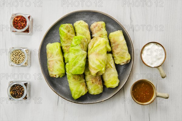 Top view of rolled cabbage leaves stuffed with ground meat