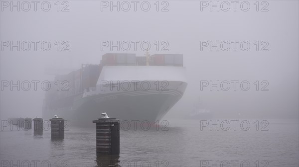 Container ship Heinrich Ehler waits in the fog for oncoming traffic in the Kiel Canal