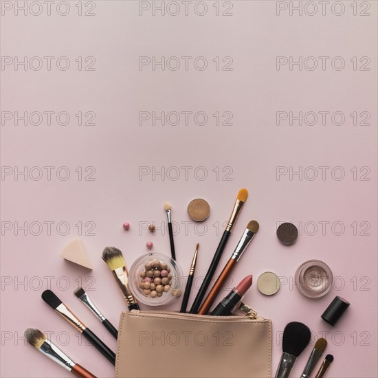 Top view arrangement with beauty bag copy space. Resolution and high quality beautiful photo