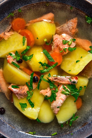 Macro photo of red salmon fish soup with potato and carrot