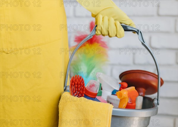 Close up bucket with cleaning products