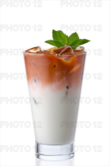 Ice coffee with cream in highball glass isolated on white background