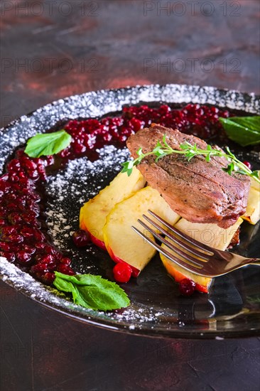 Closeup view of duck breast with apple and currant sauce