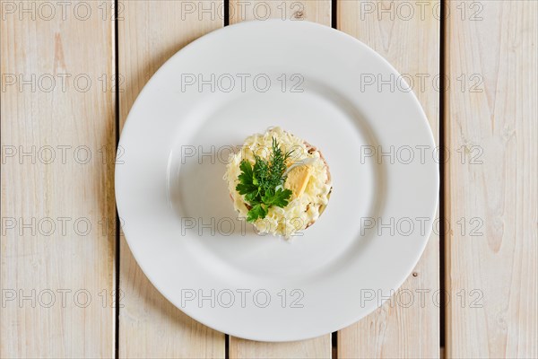 Top view of layered salad with rice