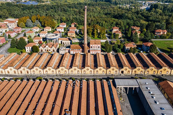 Aerial of the Unesco world heritage site "company town". Crespi dÂ´Adda