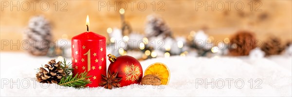 First 1st Advent with candle Christmas decoration Advent time Panorama with text free space Copyspace in Stuttgart