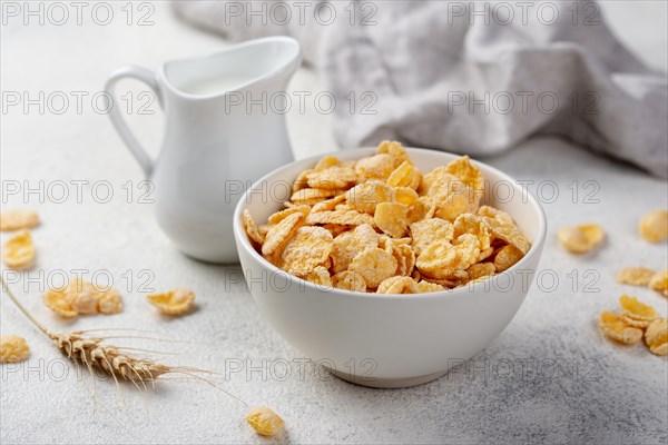 High angle breakfast corn flakes bowl with milk wheat