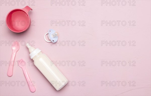 Top view baby bottle with pacifier copy space. Resolution and high quality beautiful photo
