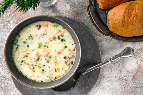 Top view of bowl with cheese and onion soup