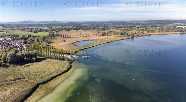 Aerial view of the harbour entrance of the Lake Constance municipality of moss and the Radolfzeller Aachried