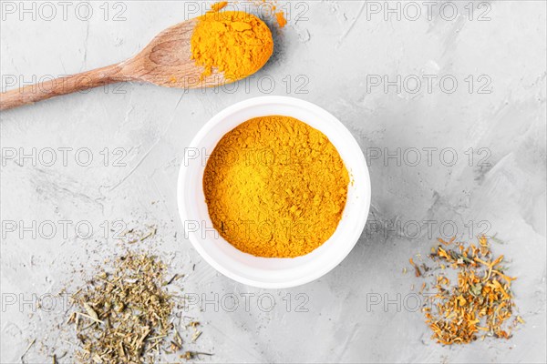 Top view turmeric condiment concept. Resolution and high quality beautiful photo