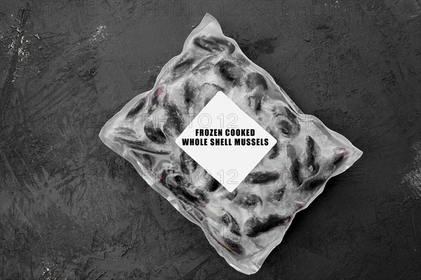 Frozen cooked whole shell mussels in package