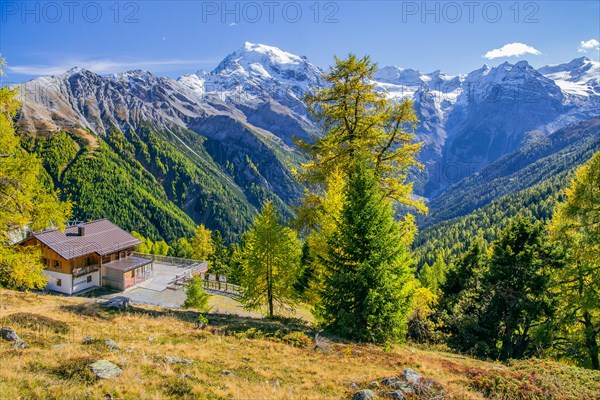 Furkelhuette in front of the panorama of the valley with Ortler 3905m and Trafoier Eiswand 3565m in early autumn