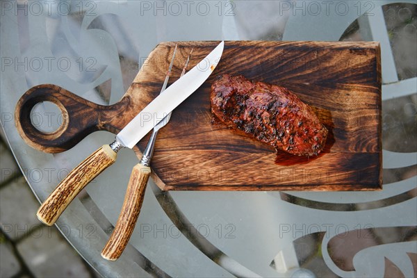 Top view of grilled juicy and spicy duck breast steak