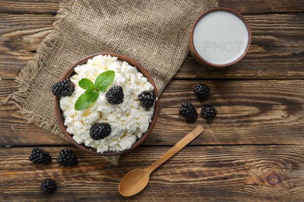 Dairy product cottage cheese and milk in brown ceramic bowl with spoon on wooden table