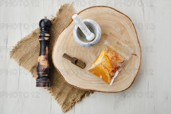 Top view of mixture of different spices in plastic packaging