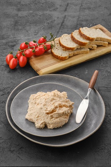 Homemade soft cheese ricotta with paprika and dill on the plate