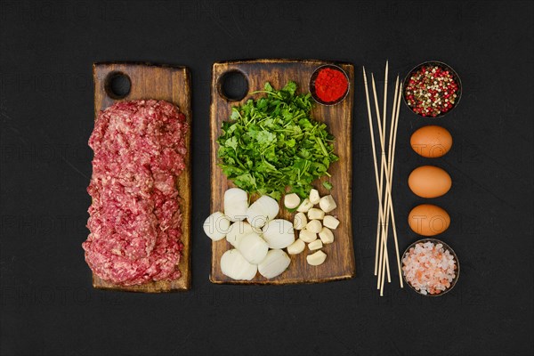 Raw ingredients and spices for lamb kebab