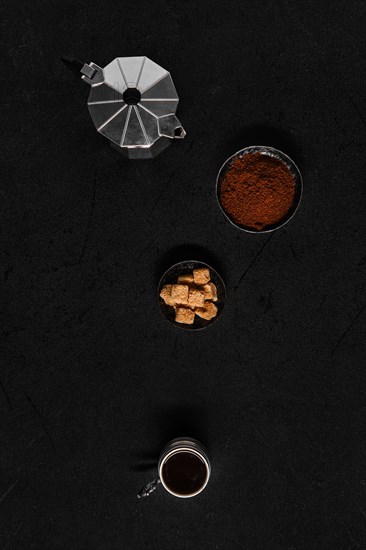 Overhead view of cup with espresso coffee