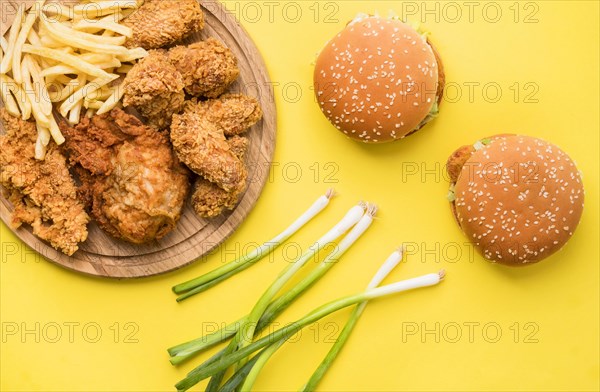 Top view fried chicken burgers with fries green onion. Resolution and high quality beautiful photo